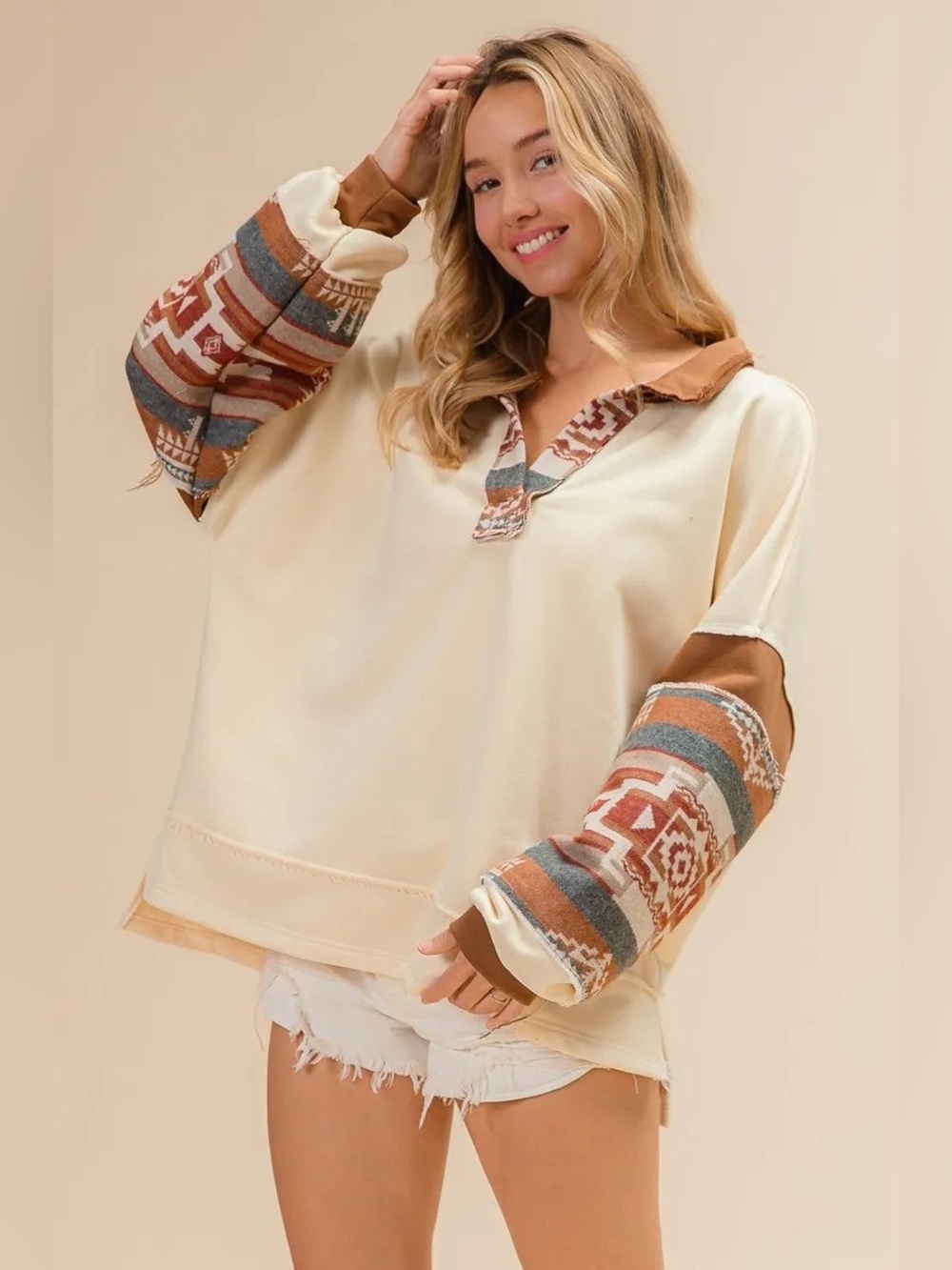 New BiBi French Terry Knit and Aztec Print Mixed Top Women’s ‘Small’